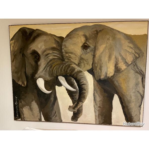 Magnifique tableau d'lphants amoureux, de Laurence Dancie  hauteur: 1,12m largeur 1,50m