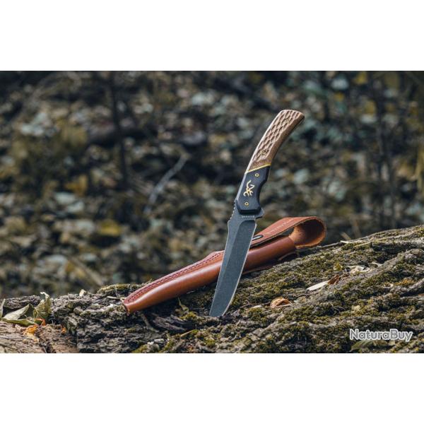 Couteau Browning Hunter Series Lame Trailing Point Acier 440C Manche Bois tui Cuir BR0394B