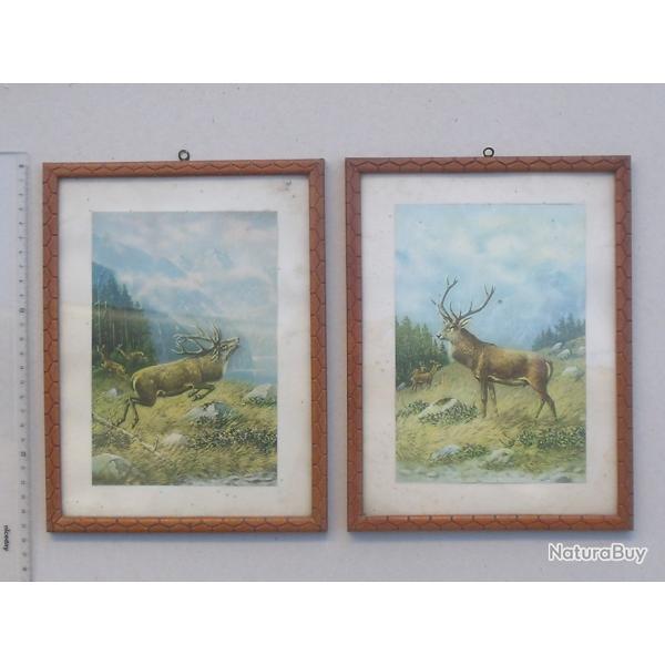 Lot 2 chromos dans 2 cadres anciens identiques reprsentant une scne de chasse aux cerfs...