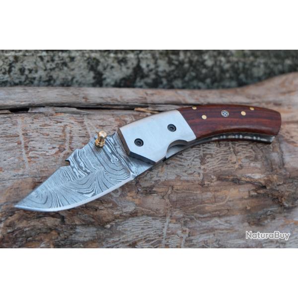 Beau Couteau Dandy Damas Lame Drop Point 128 Couches Manche Rosewood Linerlock Fabr Artisanale