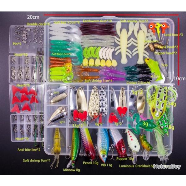 Ensemble de Leurres de Pche Mixtes Kit d'Appts Souples et Durs 234 pices + Bote PVC