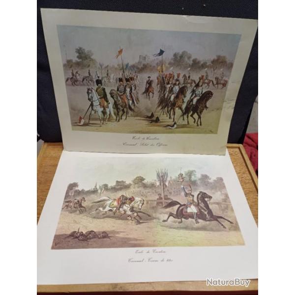 Lot de 2 reproductions d'aquarelles militaires de l'Ecole de Cavalerie de SAUMUR