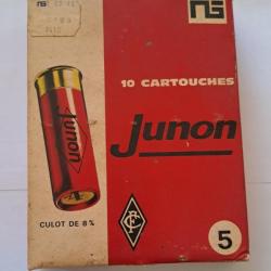 UNE ANCIENNE BOITE DE 10 CARTOUCHES CARTON CALIBRE 16/65 DE MARQUE JUNON, plomb N° 5 DURCI