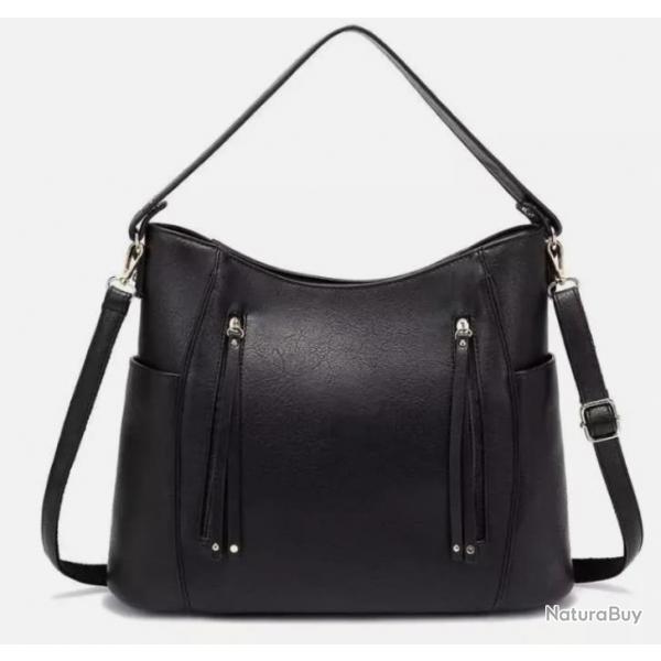 Sac  Main Femme - Bandoulire Ajustable - Cuir PU Souple et Durable - Noir - 39x29x13 cm