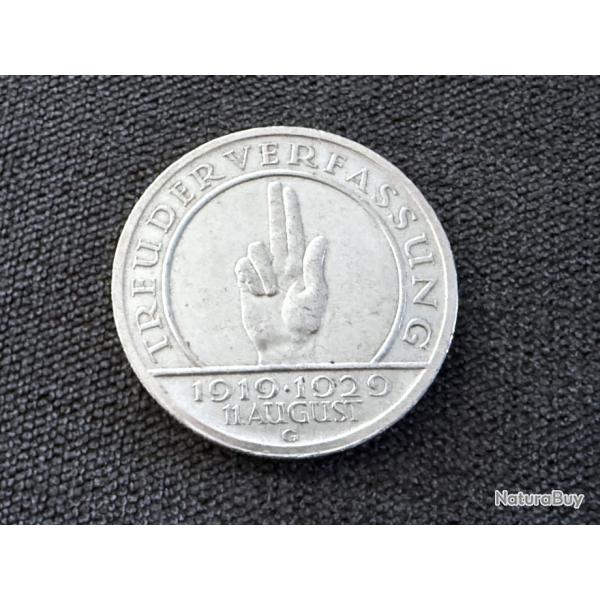 Pice Allemagne - Rpublique de Weimar - 5 reichsmark 1929 G - argent