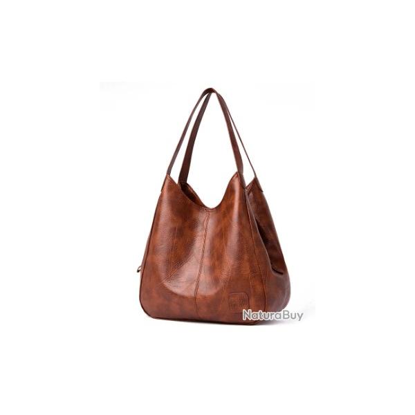 Sac  Main Femme - Bandoulire Multi-Poches - Vintage - Cuir Souple Marron