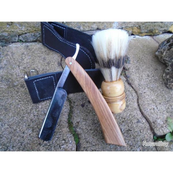 Rasage  Main Rasoir Coupe Choux Lame Carbone Shave Ready Manche Bois + Cuir Suspendu + Blaireau