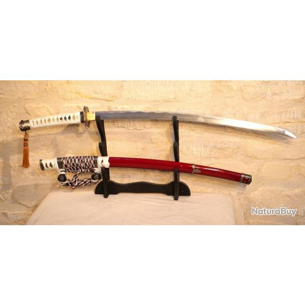 REPRODUCTION - Sabre japonais Bordeaux & Blanc Tachi lame DAMAS  lame Semi-Aiguise EBR24JAP001