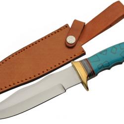 PA3451 Couteau Turquoise Bowie Lame Acier Inoxydable Manche Turquoise Etui Cuir