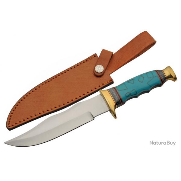 PA3451 Couteau Turquoise Bowie Lame Acier Inoxydable Manche Turquoise Etui Cuir