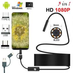 Endoscope Caméra endoscopique 1080P HD USB 8mm avec 8 LED Cable 5m Android PC