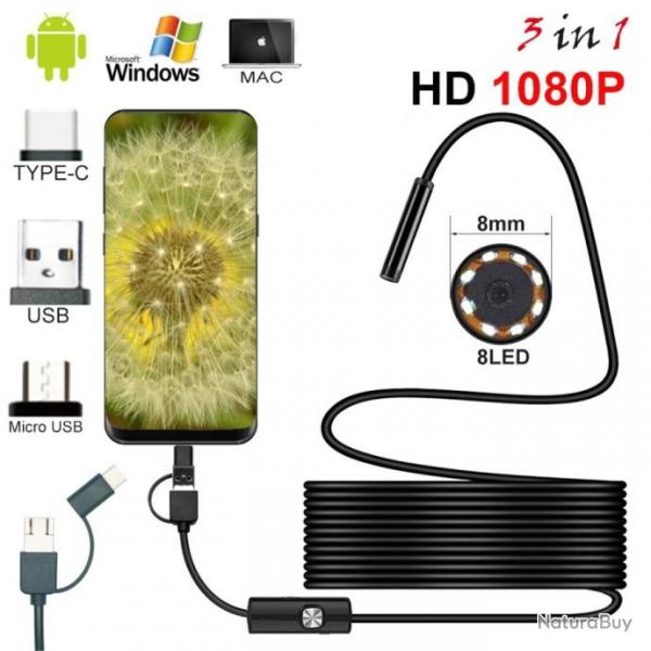 Endoscope Camra endoscopique 1080P HD USB 8mm avec 8 LED Cable 5m Android PC