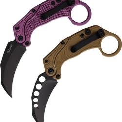 Set de 2 Karambits Reate Knives EXO-K Button Lock Manche Purple Lame Acier N690 + Trainer REA122