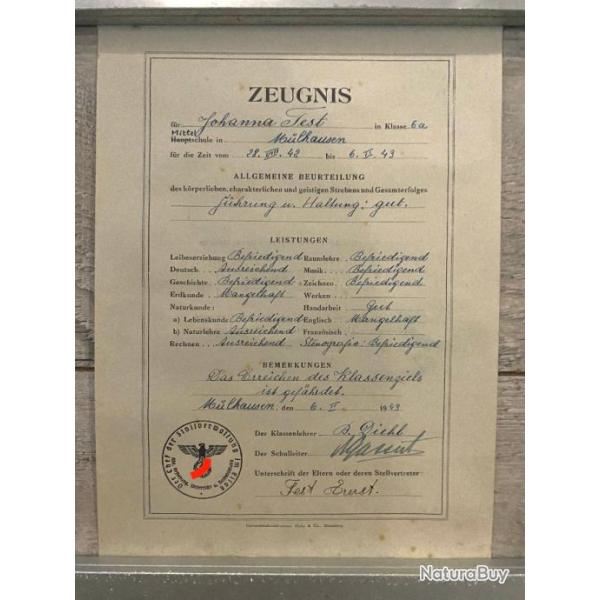 Ancien Document scolaire Allemand ww2 Zeugnis avec tampon