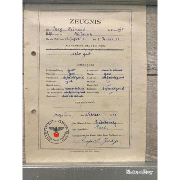 Ancien Document scolaire Allemand ww2 Zeugnis avec tampon (2)