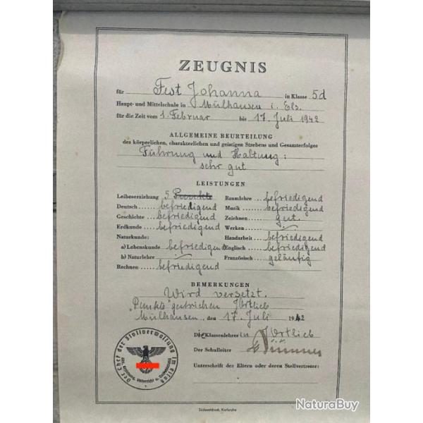 Ancien Document scolaire Allemand ww2 Zeugnis avec tampon (3)