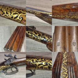 100% fonctionnel fusil de grand luxe signé crosse sculptée et dorée canon damas Leclerc Bte du Roi