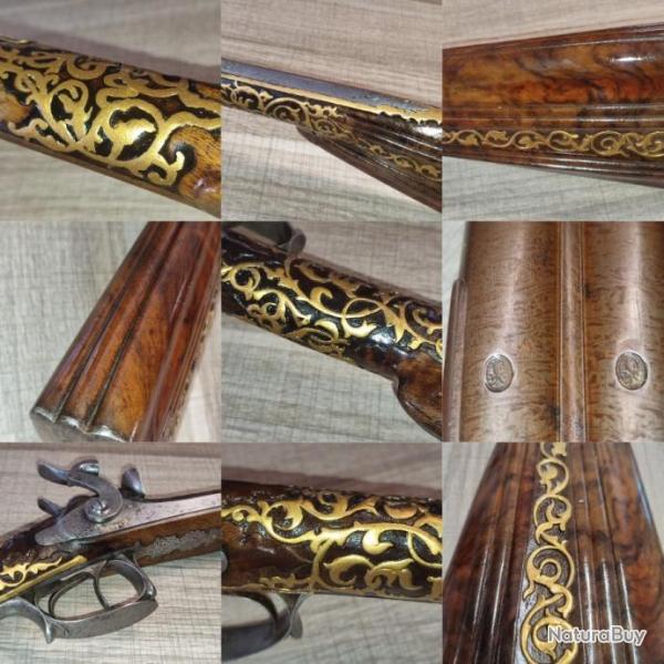 100% fonctionnel fusil de grand luxe signé crosse sculptée et dorée canon damas Leclerc Bte du Roi