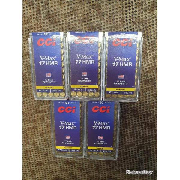 lot de 5 boites CCI soit un total de 250 cartouches de 17 HMR  balle V-MAX POLYMER TIP de 17 grain