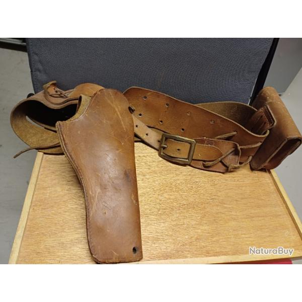 Authentique ancien ceinturon en cuir WESTERN avec holster et cartouchire - RARE