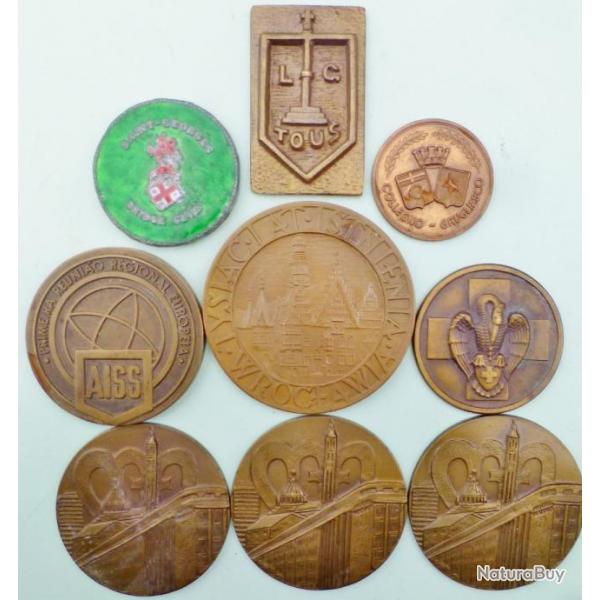 9 MDAILLES WW2 Bronze COMMMORATION GUERRE Italie COLLEGNO Belgique Portugal Pologne WROCLAW