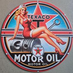 plaque decoration en alu panneau vintage PIN UP blonde TEXACO MOTOR OIL PISTON