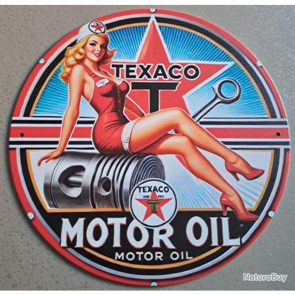 plaque decoration en alu panneau vintage PIN UP blonde TEXACO MOTOR OIL PISTON