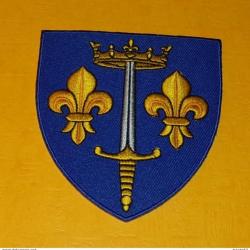 TISSU PATCH :  BLASON DE JEANNE D'ARC  , DIAMETRE 9 CM , BON ETAT VOIR PHOTOS . POUR TOUT RENSEIGNEM