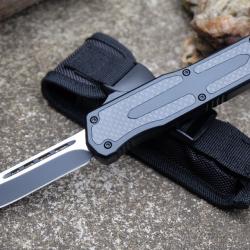 Couteau Automatique OTF Out the Front Lame Drop Point Acier 440C Manche Alu/FCarbone Clip Etui Nylon