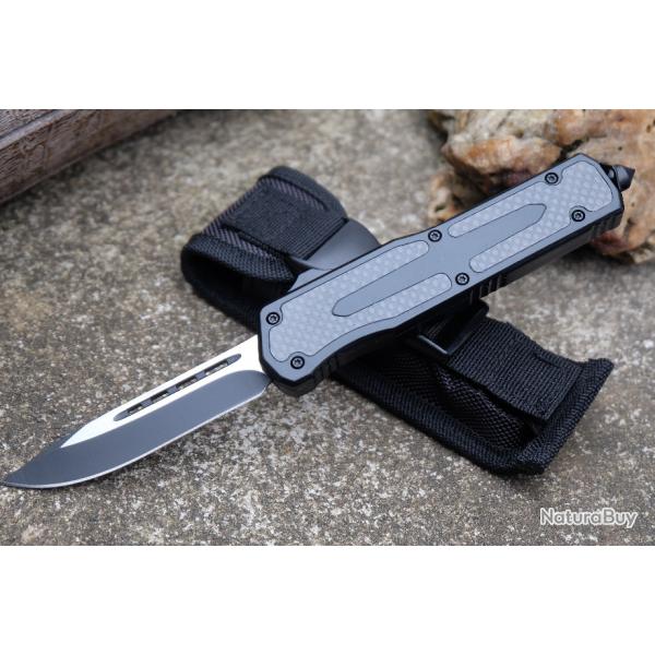 Couteau Automatique OTF Out the Front Lame Drop Point Acier 440C Manche Alu/FCarbone Clip Etui Nylon