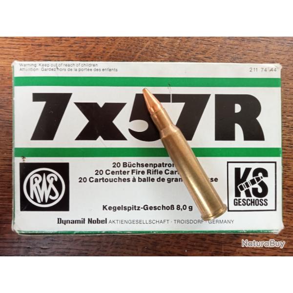 Boite de cartouches RWS KS calibre 7 x 57 R neuve 8,0g (123 gr)