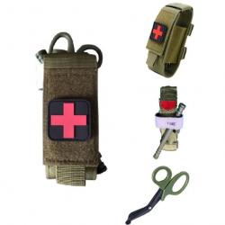 Ensemble Garrot kaki + Porte-garrot velcro kaki + ciseaux médicaux kaki + patch croix rouge/noir