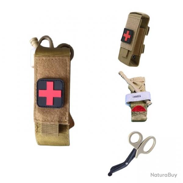 Ensemble Garrot beige + Porte-garrot velcro beige + ciseaux mdicaux beige + patch croix rouge/noir