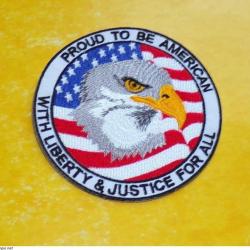 TISSU PATCH : PROUD TO BE AMERICAIN  WITH LIBERTY & JUSTICE FOR ALL   , DIAMETRE 9 CM , BON ETAT VOI