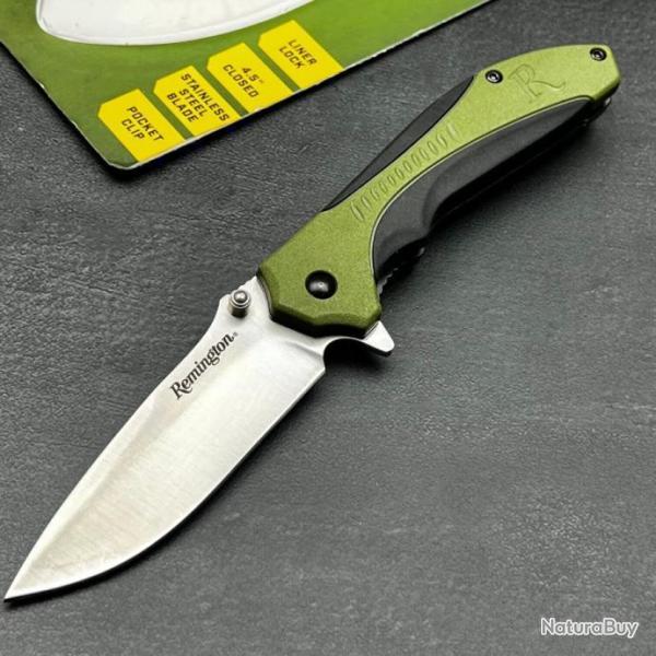 Couteau de Chasse Remington Sportsman Linerlock Manche Black/Green Polymer Lame Acier 8Cr13MoV Clip