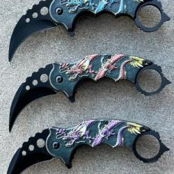 Lot de 3 Couteaux Karambit Elitedge A/O Lame Acier Inox Manche Dragons EE10A52PE EE10A52BL EE10A52RD