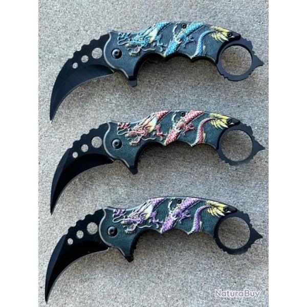 Lot de 3 Couteaux Karambit Elitedge A/O Lame Acier Inox Manche Dragons EE10A52PE EE10A52BL EE10A52RD