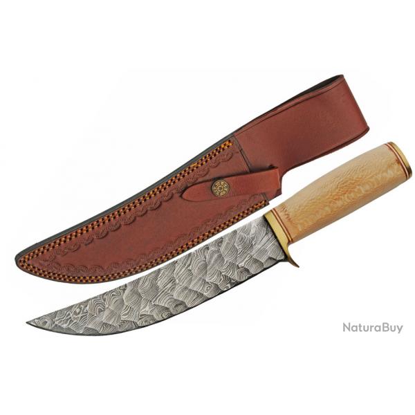 Couteau Bare Sycamore Hunter Lame Acier Damas 256 Couches Manche Bois Etui Cuir DM1346