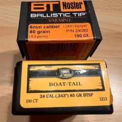 Lot ogives 243-Nosler ballistique tip 80Gr et speer boat-tail soft point 85 Gr