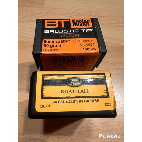 Lot ogives 243-Nosler ballistique tip 80Gr et speer boat-tail soft point 85 Gr