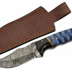 Couteau de Chasse Blue Lake Ripple Lame Acier Damas Manche Bois/Résine Etui Cuir DM1302BL