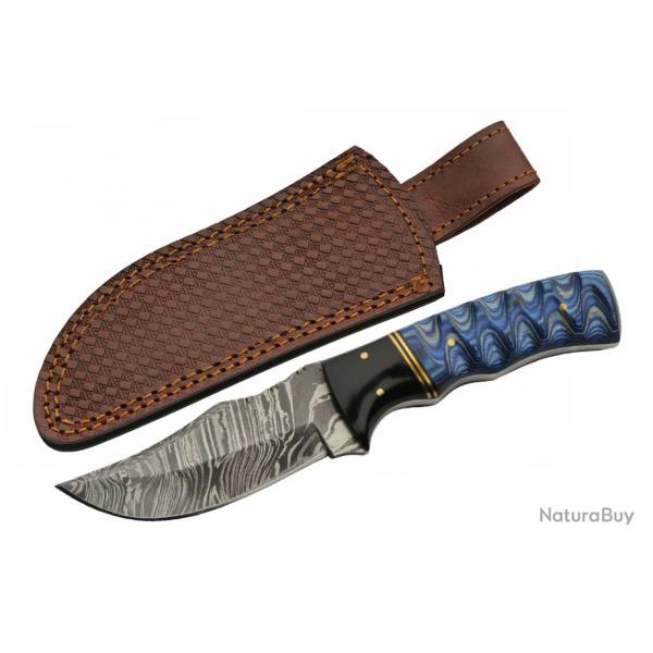 Couteau de Chasse Blue Lake Ripple Lame Acier Damas Manche Bois/Rsine Etui Cuir DM1302BL