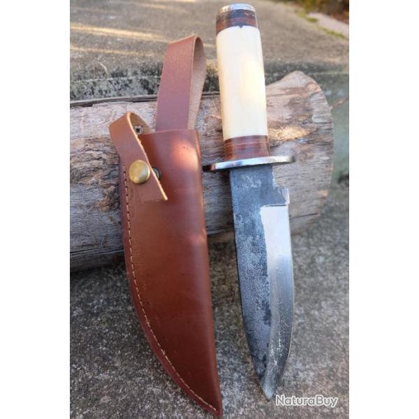 Couteau De Chasse Bowie Lame Drop Point Acier Carbone 1085 Etui Cuir Manche Os Fabricat Artisanale