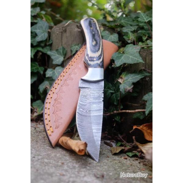 Bowie Couteau de Chasse Damas Lame Drop Point 256 Couches Manche Zbre Fab Artisanale Etui Cuir