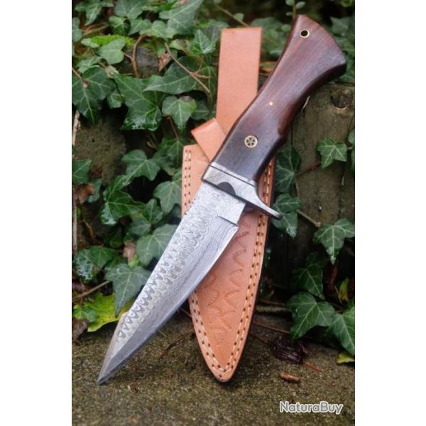 Couteau Skinner Damas Lame Harpoon 256 Couches Manche Bois Etui Cuir Fabricat Artisanale