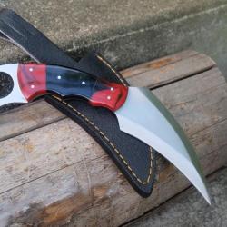 Couteau Karambit Lame Acier Carbone 1055 Manche Résine Etui Simili Cuir Fabr Artisanale