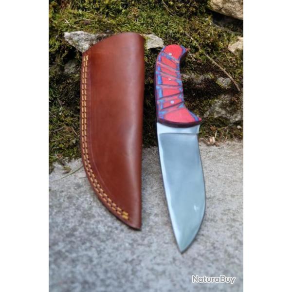 Couteau De Chasse Bushcraft Skinner Lame Acier Carbone 1055 Manche Bois Etui Cuir Fabric Artisanale