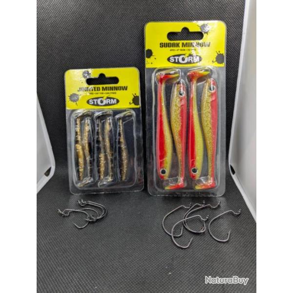 Leurres STORM , JOINTED MINNOW + SUDAK MINNOW + 5 HAMEONS TEXAN VMC #1 et 5 #3/0 OFFERT