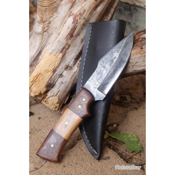 Couteau Tactical Urban Skinner Lame Harpoon Acier Carbone 1075 Manche Bois Etui Cuir Fabr Artisanale