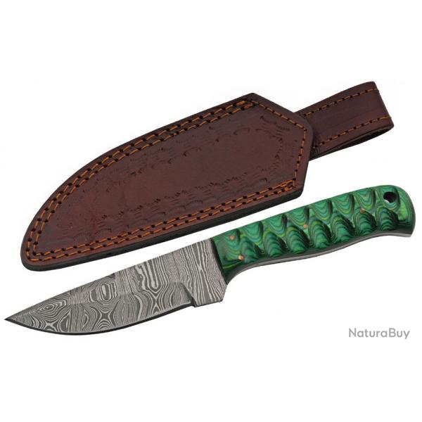 Couteau de Chasse Green Exotic Lame Acier Damas Manche Bois Etui Cuir DM1290GN